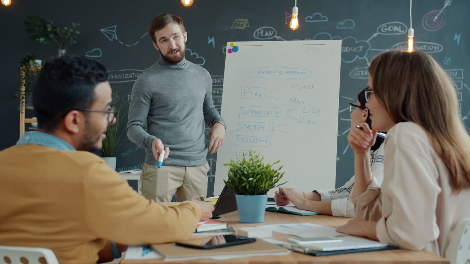 Team planning strategy on whiteboard